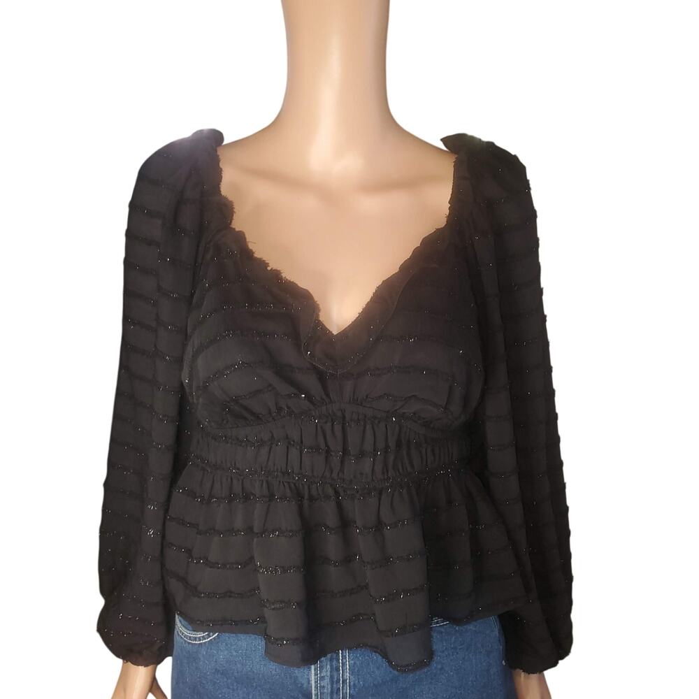 ASTR The Label Black Shimmer Ruffle Balloon Sleeve Peplum Top Size M NEW